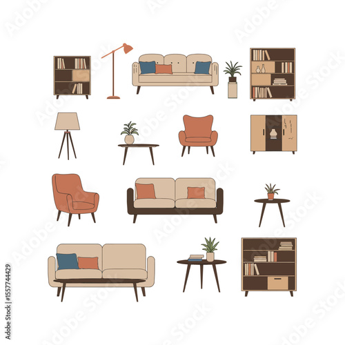 Midcentury modern living room furniture set sofas armchairs tables lamps bookshelves