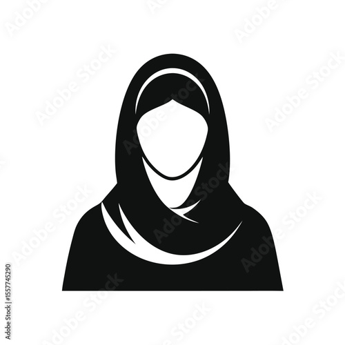 Stylized black silhouette of a woman wearing a hijab on a white background