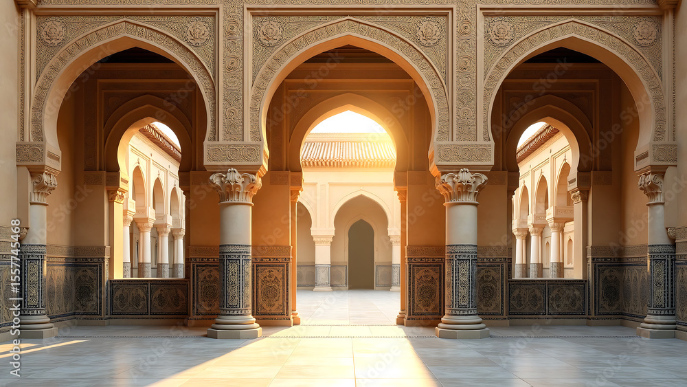 Obraz premium warm golden light casts intricately arched mudéjar windows historic royal alcazars facade seville spain ornate