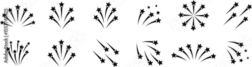 Fireworks stars icon set. Shooting star or rising star icon signs isolated on transparent background. Flying star and comet with tail icon, abstract fantasy galaxy element. Vector illustration.