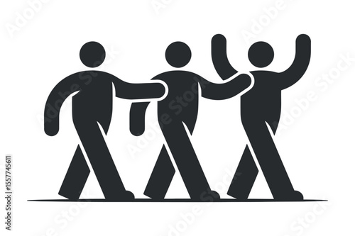 Three stylized figures walking together one giving a high five another assisting Simple graphic three people walking another five people group assistance collaboration
