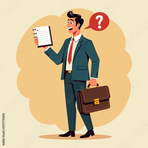 Businessman holding notebook and looking confused with briefcase  