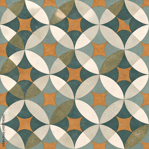 Geometric patterned floor tile design with a mix of muted teal. orange. and beige tones. Intricate circular and star shapes create a repeating pattern.