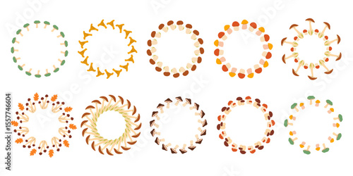 Mushroom circle frame  vector set. A circular frame of autumn mushrooms. Mushrooms have different shapes and are arranged in a circle. Vector flat, isolated on white background.