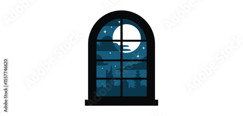 View of a silhouetted cityscape and full moon through an arched window at night