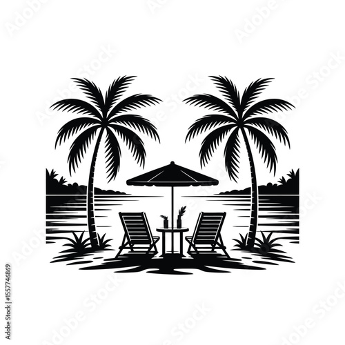 Tropical beach scene with palm trees chairs umbrella and drinks