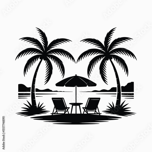 Tropical beach scene with palm trees lounge chairs and umbrella silhouette