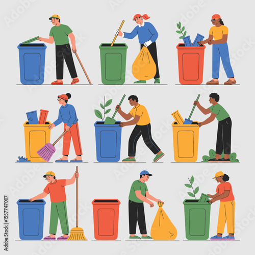 Diverse people cleaning and tidying up with brooms and trash bins