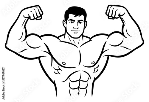 Cartoon Bodybuilder Flexing Muscles Illustration in Bold Black and White Lines