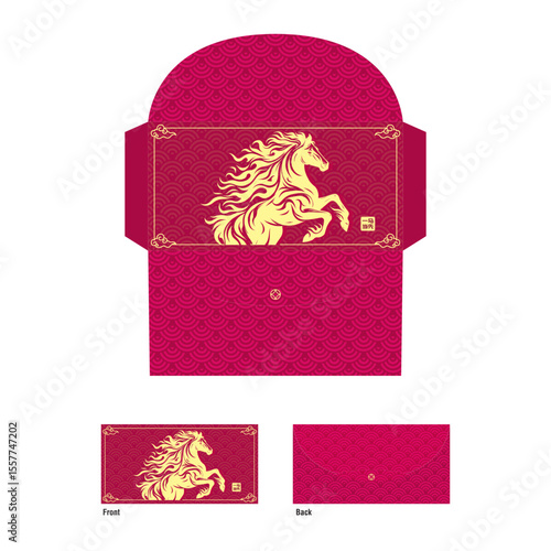 2026 Chinese New Year Zodiac sign, year of the Horse, with red paper cut art and craft style golden gradient background, Happy Chinese new year, Snake year, 2026 CNY red pocket, greeting card, running