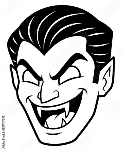 Smirking Vampire Head with Sharp Fangs and Slicked Black Hair Illustration