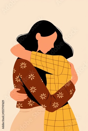 Two women embracing: comfort and connection in a minimalist illustration