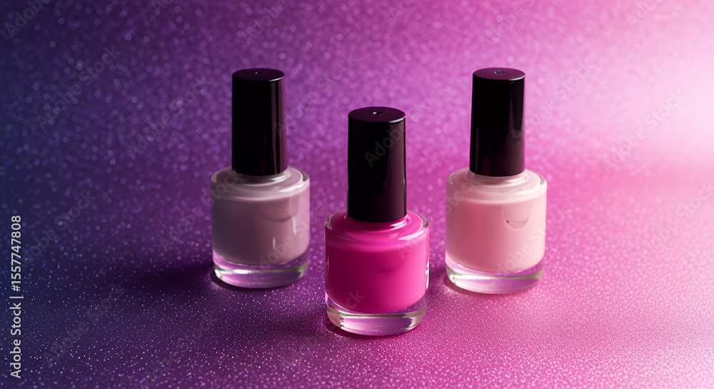 Nail Polish Bottles on Glittery Background in Pink and Purple Nail Polish Bottles on Glittery Background in Pink and Purple