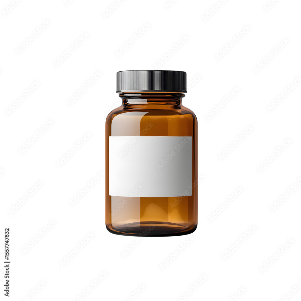 Amber glass pill bottle with a white label and black screw cap isolated on transparent background Amber glass pill bottle with a white label and black screw cap isolated on transparent background