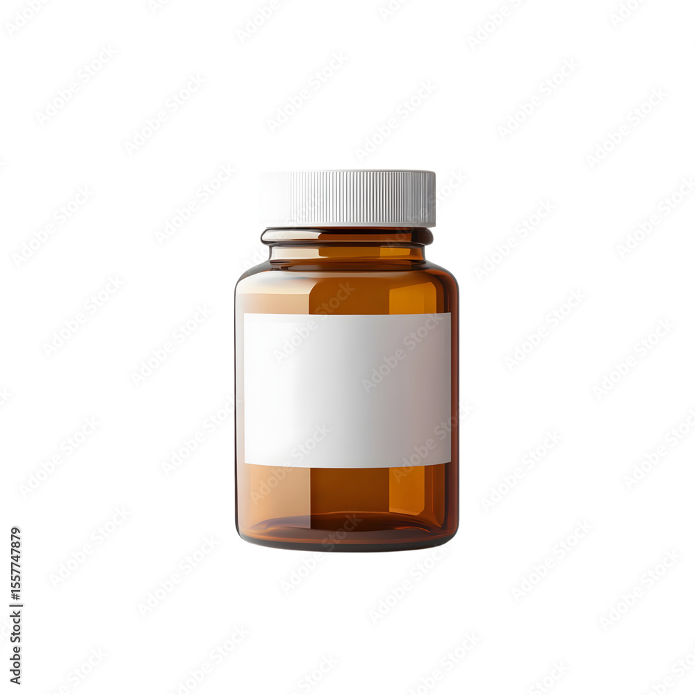 Amber glass pill bottle with white cap and blank label isolated on transparent background for medical packaging design Amber glass pill bottle with white cap and blank label isolated on transparent background for medical packaging design