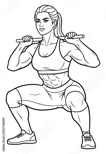 Strong woman doing squats with barbell, line art illustration for fitness
