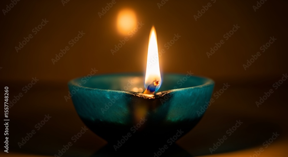 Burning Oil Lamp with Teal Bowl Illuminating Dark Background Burning Oil Lamp with Teal Bowl Illuminating Dark Background