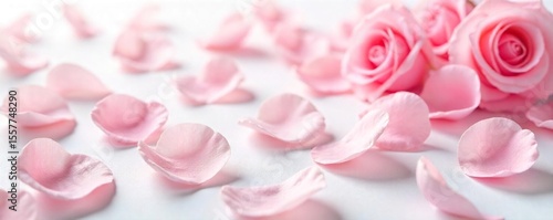 Scattered Powder Pink Rose Petals on White Romantic & Elegant Spring Background for Wedding Invitations, Feminine Branding, and Beauty Product Marketing
