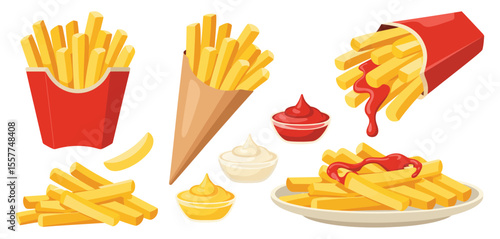 Collection of delicious french fries with ketchup and mayonnaise dipping sauces