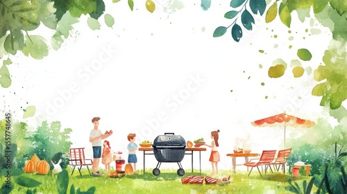 Friendly backyard barbecue scene with a grill and people. Summer watercolor party with food on a clean white background.