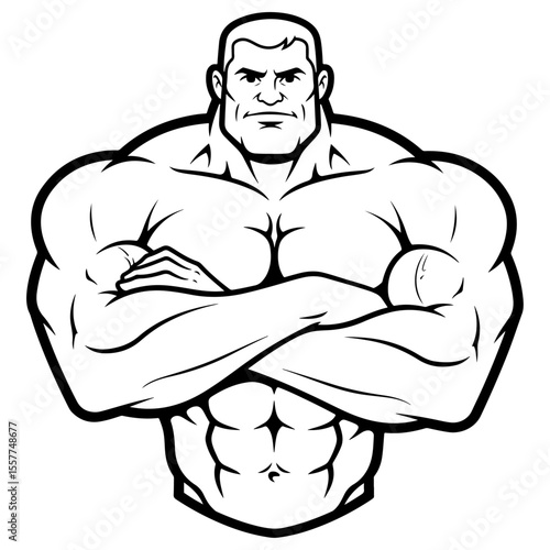 Angry Bodybuilder Cartoon Illustration with Arms Crossed and Strong Muscular Physique