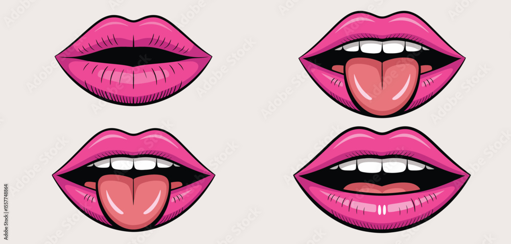 Obraz premium Four stylized pink lips with different expressions and tongue movements