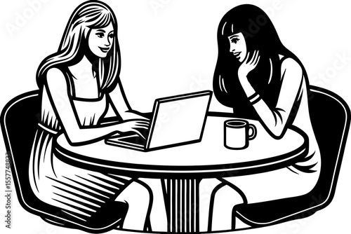 Two women working on a laptop in a cafe setting black and white illustration of modern professionals collaboration concept