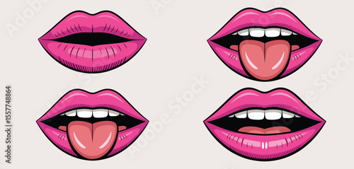 Four stylized pink lips with different expressions and tongue movements