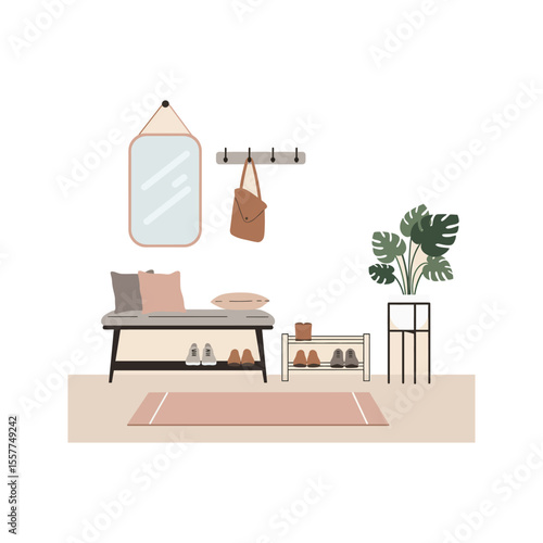 Stylish Entryway Design Bench Mirror Shoe Rack Plant Coat Hooks