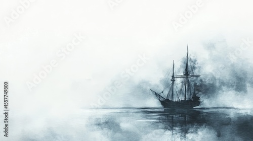 Wallpaper Mural Mysterious ghost ship sailing on a foggy sea. Spooky watercolor fantasy scene with a phantom vessel on white background. Torontodigital.ca