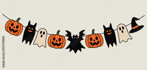 Cute halloween garland with pumpkins ghosts bats and witch hat decoration