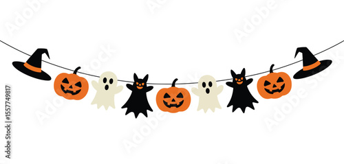 Cute halloween garland with pumpkins ghosts and witch hats on string