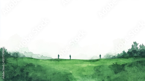 Leisurely golf course with players on green lawns. Elegant watercolor sport scene with sand traps on a white background.