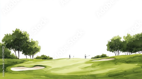 Leisurely golf course with players on green lawns. Elegant watercolor sport scene with sand traps on a white background.