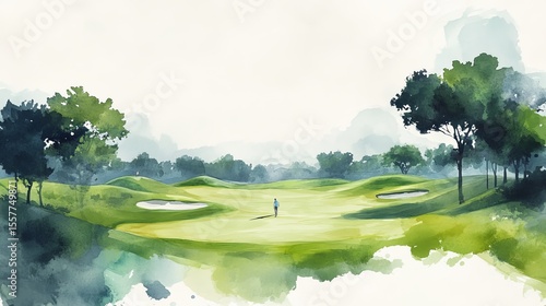 Leisurely golf course with players on green lawns. Elegant watercolor sport scene with sand traps on a white background.