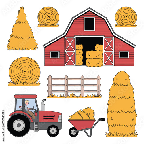 Farm scene with red barn tractor hay bales fence and wheelbarrow