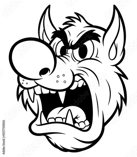 Cartoon werewolf head roaring fiercely, in black and white illustration style