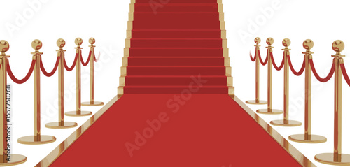 Elegant red carpet and golden stanchions leading up stairs