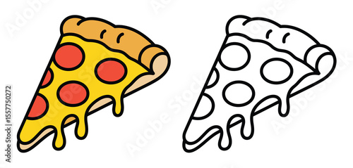 Two slices of pepperoni pizza one colored and one outline for coloring