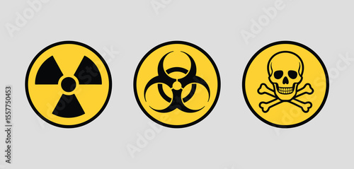 Set of three hazard warning symbols including radiation biohazard and poison danger signs
