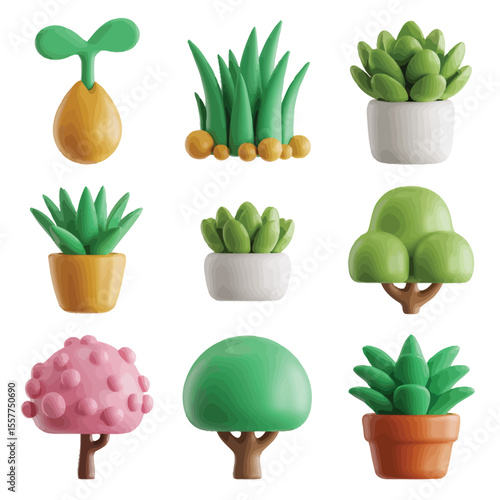 Collection of cute 3d rendered plants and trees in pots and on white background