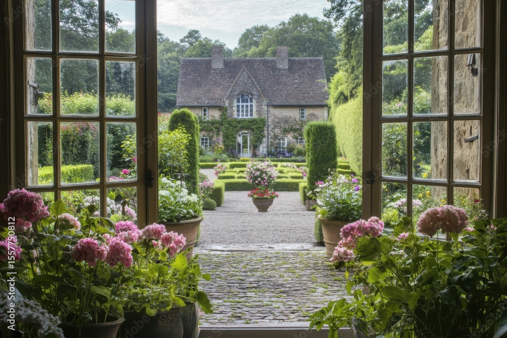 Obraz premium Beautiful garden view from a charming house entrance showcasing vibrant flowers and meticulously landscaped hedges in a serene countryside setting during the afternoon