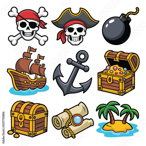 Collection of cartoon pirate icons including treasure chests skull and crossbones and ship