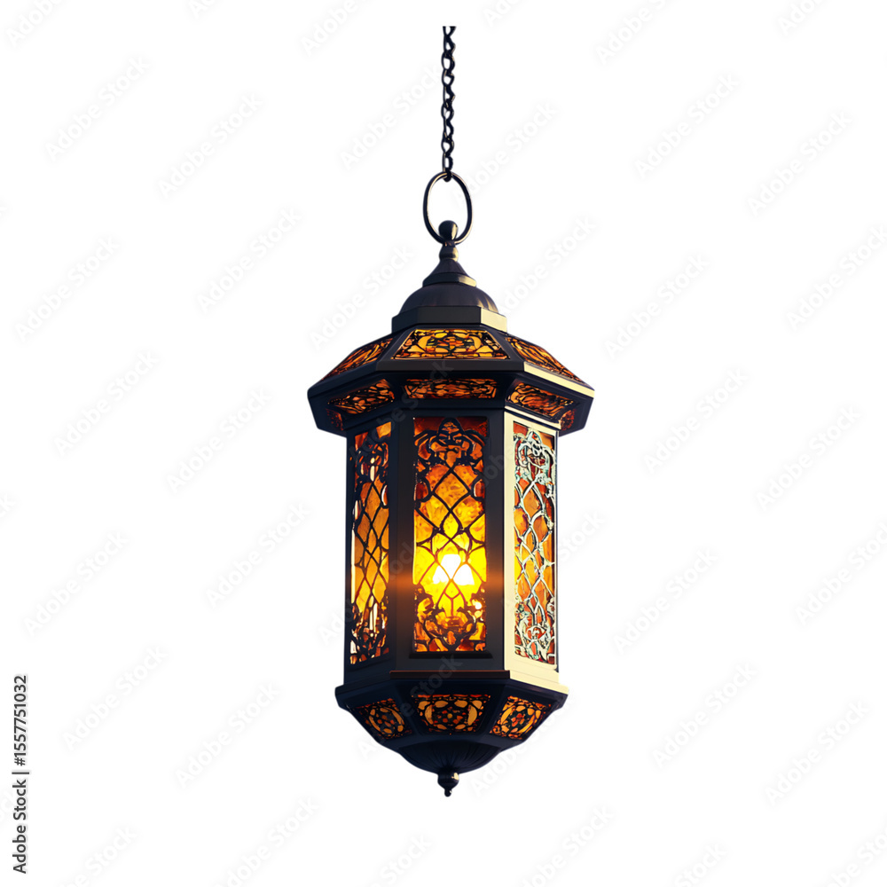 Ornate moroccan style lantern with intricate metalwork and glowing amber glass panels hanging from a chain isolated on transparent background Ornate moroccan style lantern with intricate metalwork and glowing amber glass panels hanging from a chain isolated on transparent background