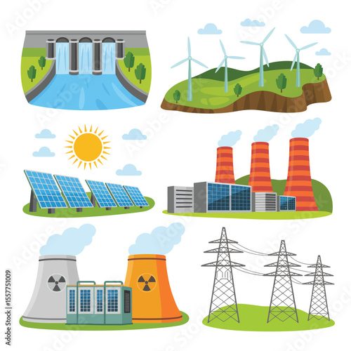 Diverse renewable and traditional energy sources depicted in a flat illustration style