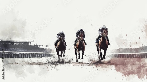 Exciting horse racing scene on a racetrack with jockeys. Dynamic watercolor sport scene with grandstands on white background.