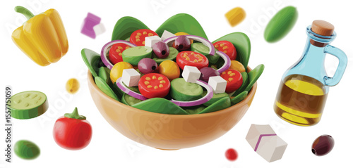 Fresh greek salad ingredients with olive oil bottle and yellow bell pepper