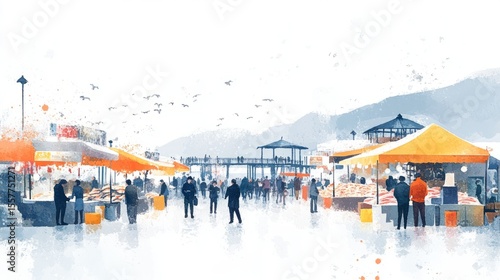 Bustling seafood market at the pier with fishermen and customers. Coastal watercolor scene on a white background for food designs.
