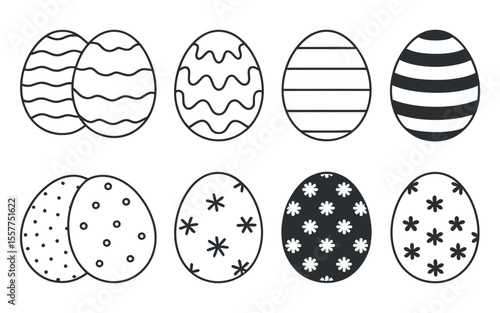 Collection of six simple black and white Easter egg designs Six outlined with various patterns easter easter design patterns coloring page illustration graphic