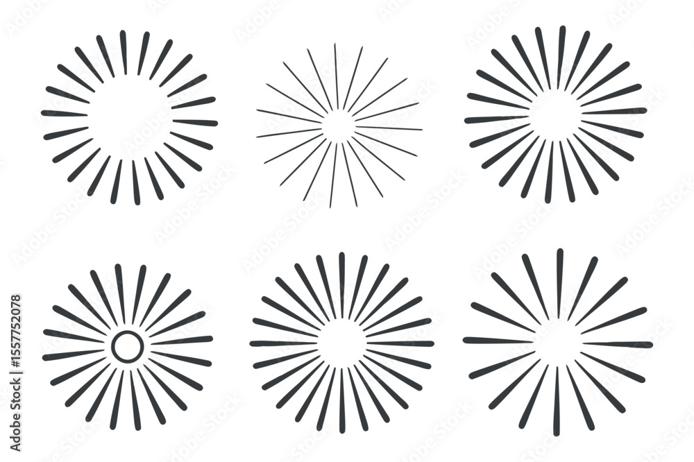Set of Six Circular Radial Lines Design Elements simple symmetrical radiating lines forming circular patterns radial lines circular design geometric shapes vector graphics Set of Six Circular Radial Lines Design Elements simple symmetrical radiating lines forming circular patterns radial lines circular design geometric shapes vector graphics